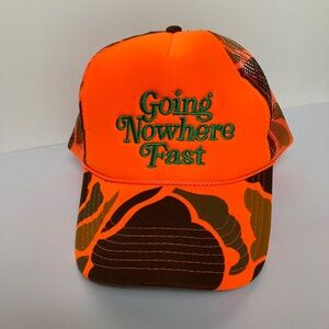 NEON Orange Camo "Going Nowhere Fast" Hunting Snapback Trucker Hat / Ball Cap